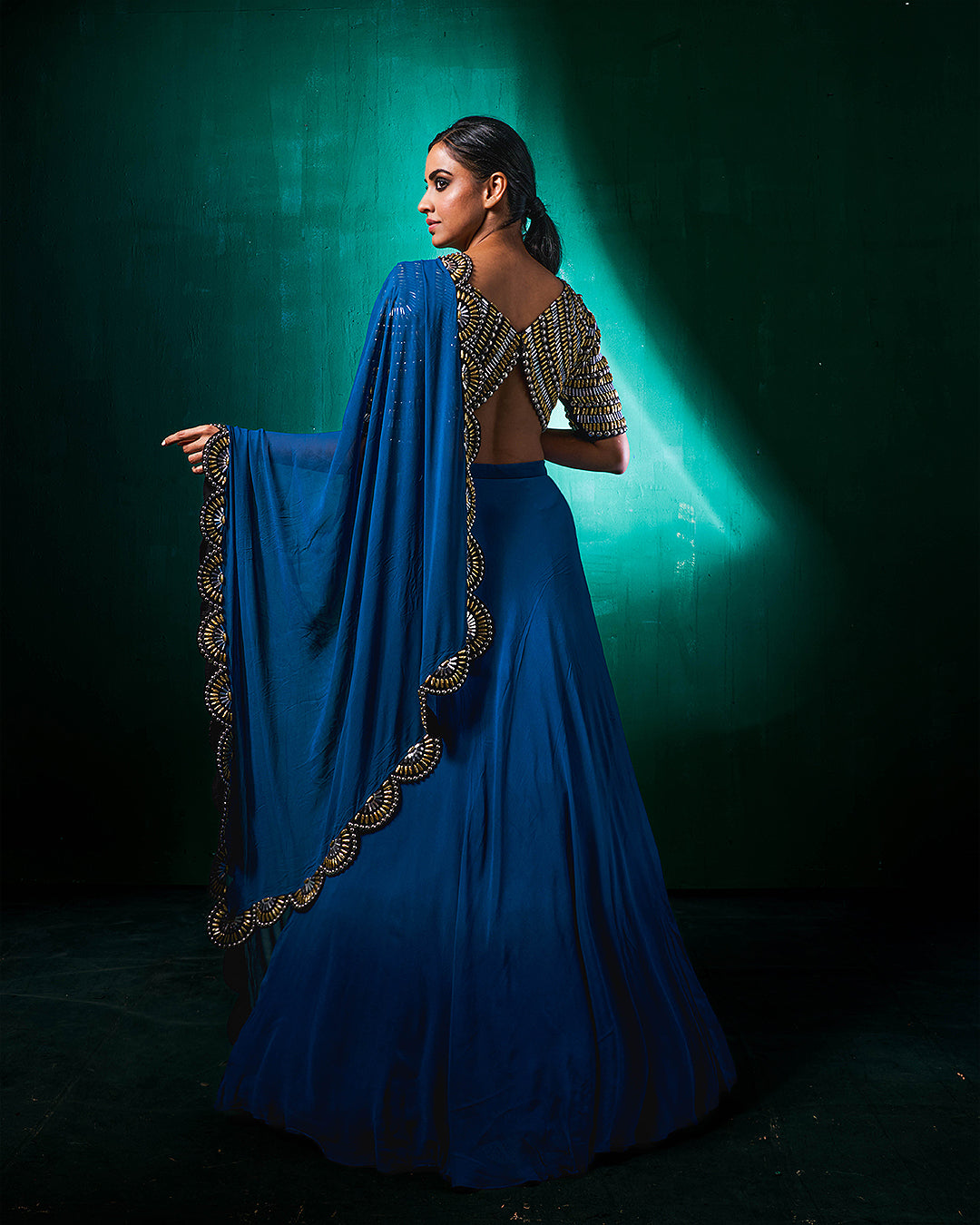 Raha Indo Western Ombre Blue Lehenga Set