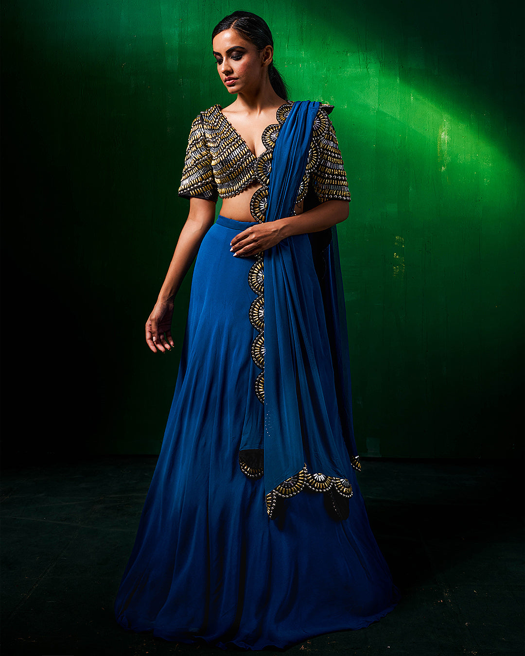 Raha Indo Western Ombre Blue Lehenga Set