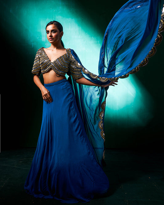 Raha Indo Western Ombre Blue Lehenga Set